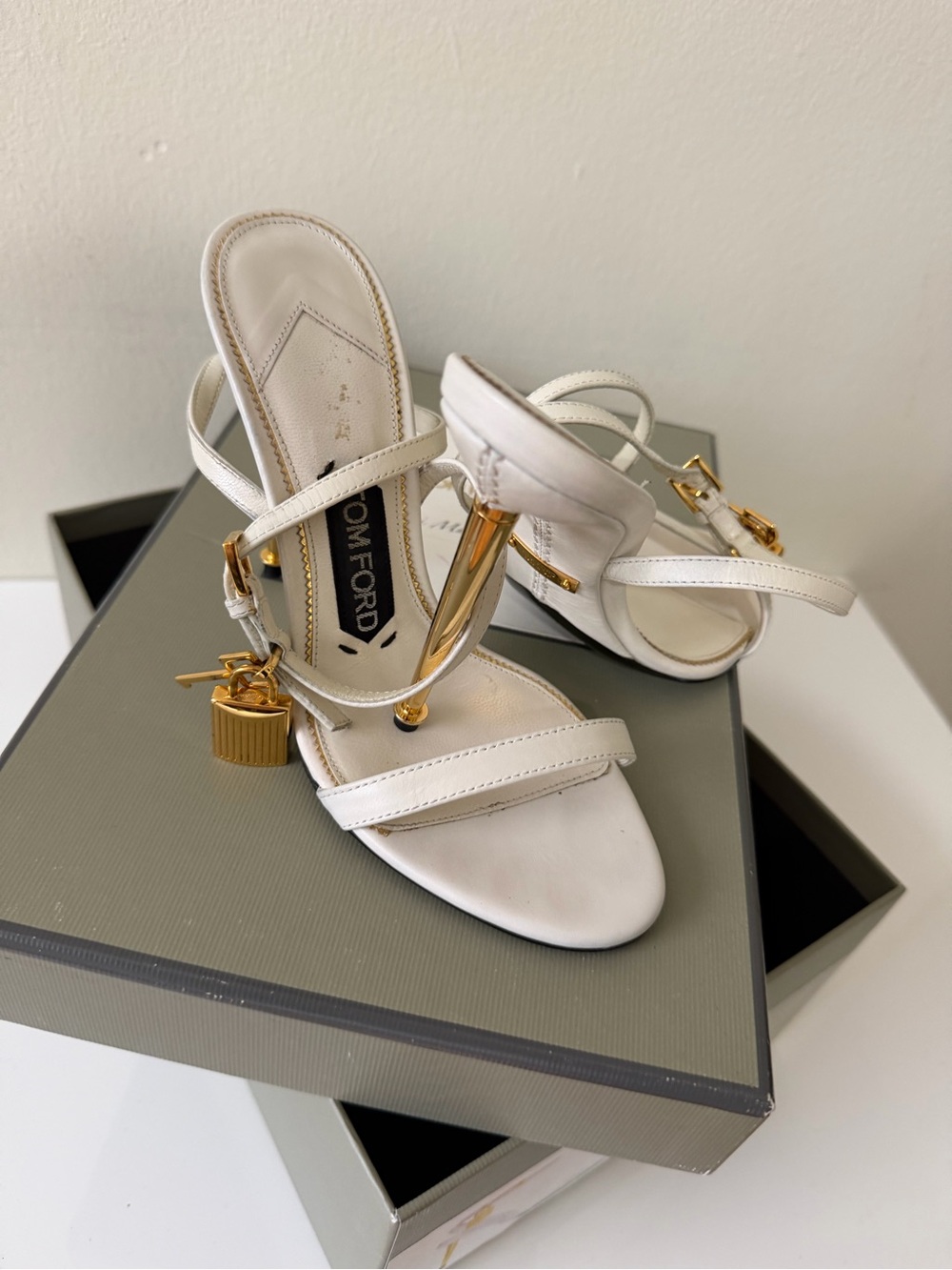 Tom Ford White Leather Slingback Heels with Gold Padlock Accent